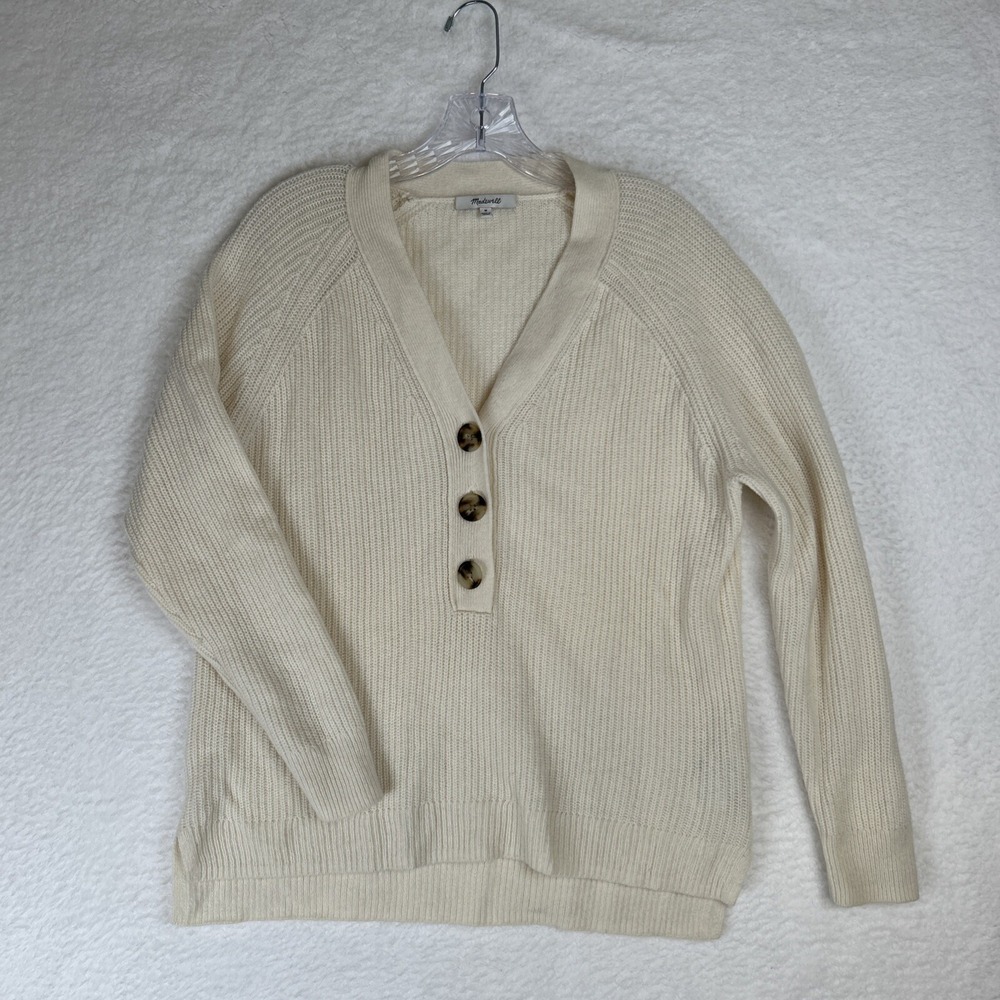 Madewell Womens M Sweater Ribbed Cream Henley Pullover Merino Wool Blend Knit